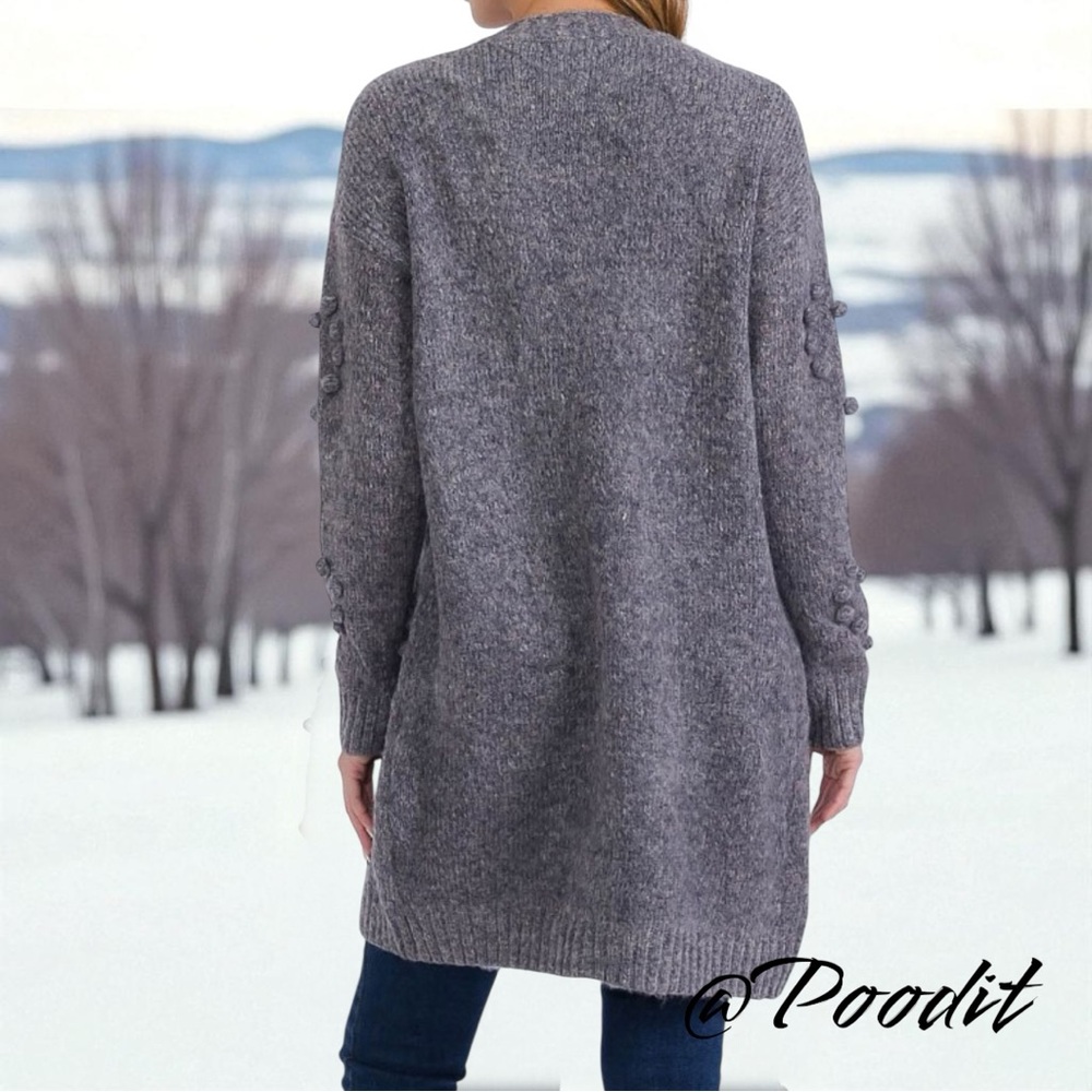DOE & RAE Pom Pom accent open front cardigan S M L - Picture 4 of 8